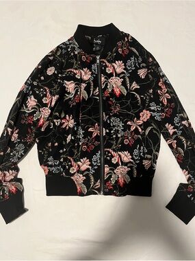 Embroidered Floral Velvet Bomber Jacket - Black